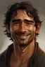 Placeholder: a man in his thirties, messy black hair, brown skin, short round face, brown eyes, melancholic smile, realistic epic fantasy style