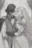 Placeholder: Strahd Von Zarovich being kissed on the neck by a beautiful woman with white hair, wearing an off the shoulder dress. Settling and background are a lavish toomb with an ebony coffin.