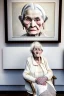 Placeholder: an old wrinkled woman sitting on a wooden chair, half dressed in dropped cloth, she is on display in a high end white art gallery, she is quite and no emotions, the original painting of Venus is on display on the wall, .ultra realistic photo,. highly detailed 32k, strange and weird modern art creation, surrealistic image