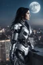 Placeholder: Fantasy Photo Of A Woman With Black Hair, Wearing A robot-looking suit, standing sideways On A Ledge of a building, With A waning moon Behind Her Head