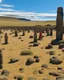 Placeholder: A brown wasteland desert with a rocky road designed in Moai statues painted by Jackson Pollock