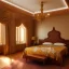 Placeholder: a pinhole camera photo of sunlight streaming into a sumptuous Arab-style bedroom