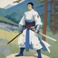 Placeholder: a naive painting of a paladin in linen tunic, he holds a katana in Kasumi-no-Kamae stance, thick lines, large areas of flat color, la ligne claire by Kupka
