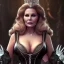 Placeholder: Jennifer Coolidge as evil queen in black leather, busty, cleavage, angry, stern look. character design by cory loftis. unreal engine 5, artistic lighting, highly detailed, photorealistic, fantasy