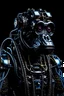 Placeholder: full view of a realistic cyberpunk style geometric robotic gorilla wearing rectangular goggles and a high tech cybersuit with various wires lights and doodads made of reflective black plastic rusted metal and discarded electronic parts looking up into the sky in harsh high contrast lighting from the top