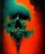 Placeholder: broken skull. black background. smoke and explode. particles in air. teal and orange. abstract. beksinski.