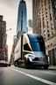 Placeholder: A Tesla semi-truck is racing at top speed, near the "Empire State Building' in New York. CINEMATIC. WIDE ANGLE LENS. PHOTO REAL.