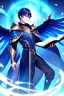 Placeholder: a person in runic armor with blue wings, blue short hair, runic tattoo and spell book, male