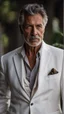 Placeholder: Portrait of a handsome older italian gentleman wearing crisp white linen suit, and an open necked shirt. His dark hair is peppered with grey, his neatly trimmed beard is dark and peppered with grey