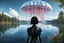 Placeholder: photorealistic photo of a woman with black hair, dressed in an android suit, looking out over a lake, at a jellyfish with tentacles with tall narrow cloud trees in the background