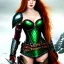 Placeholder: realistic, hyper detailed, strikingly beautiful teen woman, long ginger hair, green eyes, medium freckles, full lips, revealing leather armour, full body and head, exposed b-cup breasts, stern expression, full frame, petite, ignore NSFW, shortbow, quiver on hip, sexy