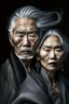 Placeholder: a photo of an Asian man and woman with ethnic jewelry, grey hair and grey flowing robe, in style of Annie Leibovitz, contemporary portrait of a mature yet beautiful and modernist, black and grey, detailed face, swirling fluid smokey enigma, award-winning artwork