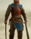 Placeholder: strong medieval warrior with short blond hair, blue eyes and wide warm smile with an axe with green and brown clothes