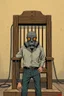 Placeholder: a man wearing a gas mask and standing by a stylized wooden electric chair, graphic novel