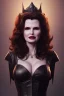 Placeholder: Geena Davis as evil queen in black leather, leather, busty, cleavage, angry, rage, stern look. character design by cory loftis, fenghua zhong, ryohei hase, ismail inceoglu and ruan jia. unreal engine 5, artistic lighting, highly detailed, photorealistic, fantasy