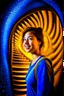 Placeholder: awake inside a dream, woman smiling online in the style of escher, spray paint, photo realism, trending on art station, 8k, depth of field, down light, light rays, volumetric, reflective spiral staircase, blue, yellow, golden brown and orange