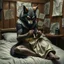 Placeholder: with wolf furry on her full body an anthropomorphic wolf woman hybrid sitting in the middle of a bed with a sewing needle and thread in her paw sewing a material belt, around her in the background are some paper with sketchy line kind drawings from monster on the walls of the wooden house, high realistic, detailed, cinematic, sci-fi, digital art, dark fantasy mood