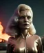 Placeholder: retro sci-fi portrait image from 1980, supermarket parking explosion, fire, scared people, blonde woman walking, young Michelle Pfeiffer face, tight latex suit, soft color, highly detailed, unreal engine 5, ray tracing, RTX, lumen lighting, ultra detail, volumetric lighting, 3d, finely drawn, high definition, high resolution.