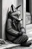 Placeholder: One single mature homeless fox with worn out clothes, sleeping in a corner on the street, Vienna, mourning, model style, hyper realistic, extremely accurate, delicate, extremely detailed, Graphic novel style, wide-angle, open aperture, superfine pencil