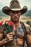 Placeholder: Extremely realistic photo of a young cowboy with tattoos on his chest and hands with nice muscles ,holding a roses to you, general foul weather, (Rembr Lighting), zeiss lens, ultra realistic, (high detailed skin:1.2), 8k uhd, dslr, Dramatic Rim light, high quality, Fujifilm XT3, artwork in pale distressed tones , minimalistic approach, blends old world aesthetics art with elements of distressed painting and illustration, shadow play, high conceptuality, palette inspired by Charlene Mc Nally,