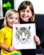 Placeholder: Check out a picture of two kids(4 years) showcasing their finished a baby tiger coloring page in a frame or as a gift for someone special. (style carton)