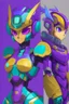 Placeholder: A Genderless Cyborg made of metal, has a human like face with a really long violet ponytail, the cybord is wearing armor similar to Megaman. The color palatte of the armour is deep purple and yellow. The Cyborg is not wearing a Helmet, and has Turquoise colured eyes.