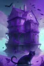 Placeholder: A large house located in the middle of the sea, of a beautiful purple color, inside which lives a beautiful girl with black hair and a huge purple cat