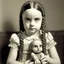 Placeholder: wednesday addams as a child, braids, with an chuky doll, 1970s