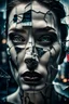 Placeholder: Close-up shot. A cracked pale face deep gaze dark makeup and lips figure through looking a fractured cracked glass pane, revealing glimpses of a surreal hightech cityscape. Hyperrealistic, sharp focus, intricate details, surreal style by Dali, Bosch, Kandinsky, beautifully shot. High contrast, cinematic, dark gloomy, atmospheric, moody. 64 megapixels, perfect compositi