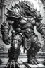 Placeholder: 4k image, full body image, grey scale rough pencil sketch of crocodile and gorilla hybrid, bulky and muscular, dirty and ramshackle armor, long horn like growths, tusks, gears of war style, Adrian Smith artist