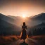 Placeholder: dark night, watching a woman from behind wearing a sleeveless dress, arms up in the air, who is walking towards a beautiful orange sunrise in the distance, mountains and forests around, photo quality