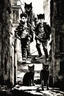 Placeholder: Three teenage street children two boys and one punk girl in book-cover poses on the screen of an old town plus a black cat as a companion, dark graphic style, banksy style