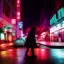 Placeholder: cyborg on wretched city street poignant cyberpunk neon lights rainy atmosphere night time