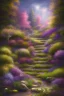 Placeholder: garden sky field trees river pools gold white purple stairs, 16k