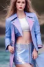 Placeholder: half body shot,realistic portrait of a 20-25 old caucasian model, long blue pink flowing hair, great grey eyes, blue leather jacket,full body, short white skirt,long legs,standing at beach of very nive lake with sunset ,clouds,godrayes