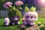 Placeholder: two cute fluffy chibi creatures, one kneeling and planting flowers, the other watching with arms folded in the sunshine, etherial