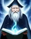 Placeholder: old man wizard with white reading a spellbook, long black robes, stars in the sky, fantasy, dragonlance, high detail,