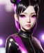 Placeholder: Detailed cute anime Kunoichi girl, purple hair buns, purple bangs, black latex bodysuit, intricate details, full body portrait, keep head in frame, slight smile, black Japanese motif, concept art, highly detailed, digital painting, concept art, sharp focus, illustration, art by Yoji Shinkawa, WLOP and greg rutkowski and alphonse mucha and artgerm and yanjun Chen and Junji ito and Makoto Shinkai, HDR, octane render