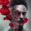 Placeholder: portrait of man with a fading red flower inside his face, high detailed black and white with red accents, digital painting.