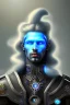 Placeholder: portrait of a dark skinned male dark elf with long white hair and haunting blue eyes wearing a steampunk exoskeleton powered by gears, in fantasy style