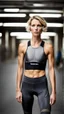 Placeholder: photography of a beautiful anorexic woman, grey satin triathlon top, sports illustrated, blond short wavy bob haircut, pronounced sternum, flat chest, anthracite cycling leggins