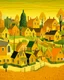 Placeholder: A yellowish orange colored village with microphone shaped houses painted by Grant Wood
