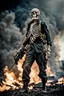 Placeholder: a scary looking skeleton, rising from the ashes, he was a war veteran, partially humanlike characteristics, army beret and ripped ammo wear, chaotic background, dramatic close-up action shot of him on a burned out war tanker a torpedo on shoulder -ready to fire ,gothic and chaotic background, 12k