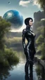 Placeholder: Fantasy Photo Of A Woman With Black Hair, Wearing A robot-looking catsuit, standing sideways On A Ledge next to a Pond, With A Planet rising Behind Her Head