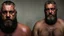 Placeholder: full figure shot photography of two dirty wet burly bearded wet sweaty chubby georgian prisoners angry very close, 55 years old in dirty ripped broken shorts, long beard, fight in a dark prison, dirty, ugly, bullneck, muscular, manly chest, shirtless, misery and poverty, angry eyes, big feets, photorealistic, cinematic, ultradetailed, 32k, view from the floor