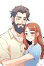 Placeholder: Anime man with beard, handsome and happy, holding wife. Romantic and in love