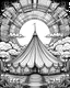 Placeholder: Design a coloring image featuring a vibrant circus tent set against a beautiful sunset backdrop, black and white, fine line, white background