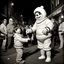 Placeholder: Dramatic vintage photograph, off-white mottled skinned crepey Lovecraftian marshmallow man with a bemused confused look on face shaking hands with a teen wearing a ghostbuster uniform costume on Halloween night, background is suburban street on Halloween night with trick or treaters, sinister whimsey, dynamic composition, sfumato, complex contrast, shock value image, oddball masterpiece