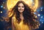 Placeholder: Luminous Look, beautiful girl, long dark wavy hair, brown eyes. warm smile. Wearing a yellow peplo dress. Cosmic environment, blue sun