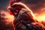 Placeholder: A heroic looking chicken staring triumphantly into the distance, portrait, sunset, digital art, fantasy